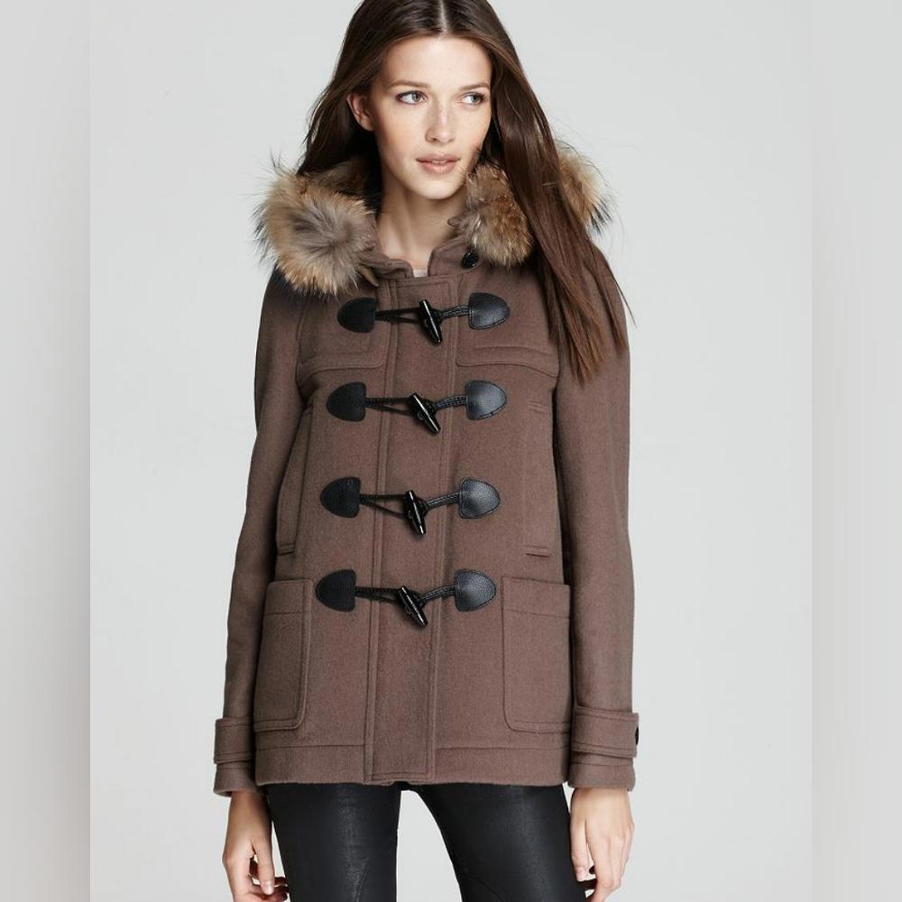 BURBERRY CHECK LINED WOOL TOGGLE DUFFLE COAT WITH FUR TRIMMED HOOD - Picture 14 of 15